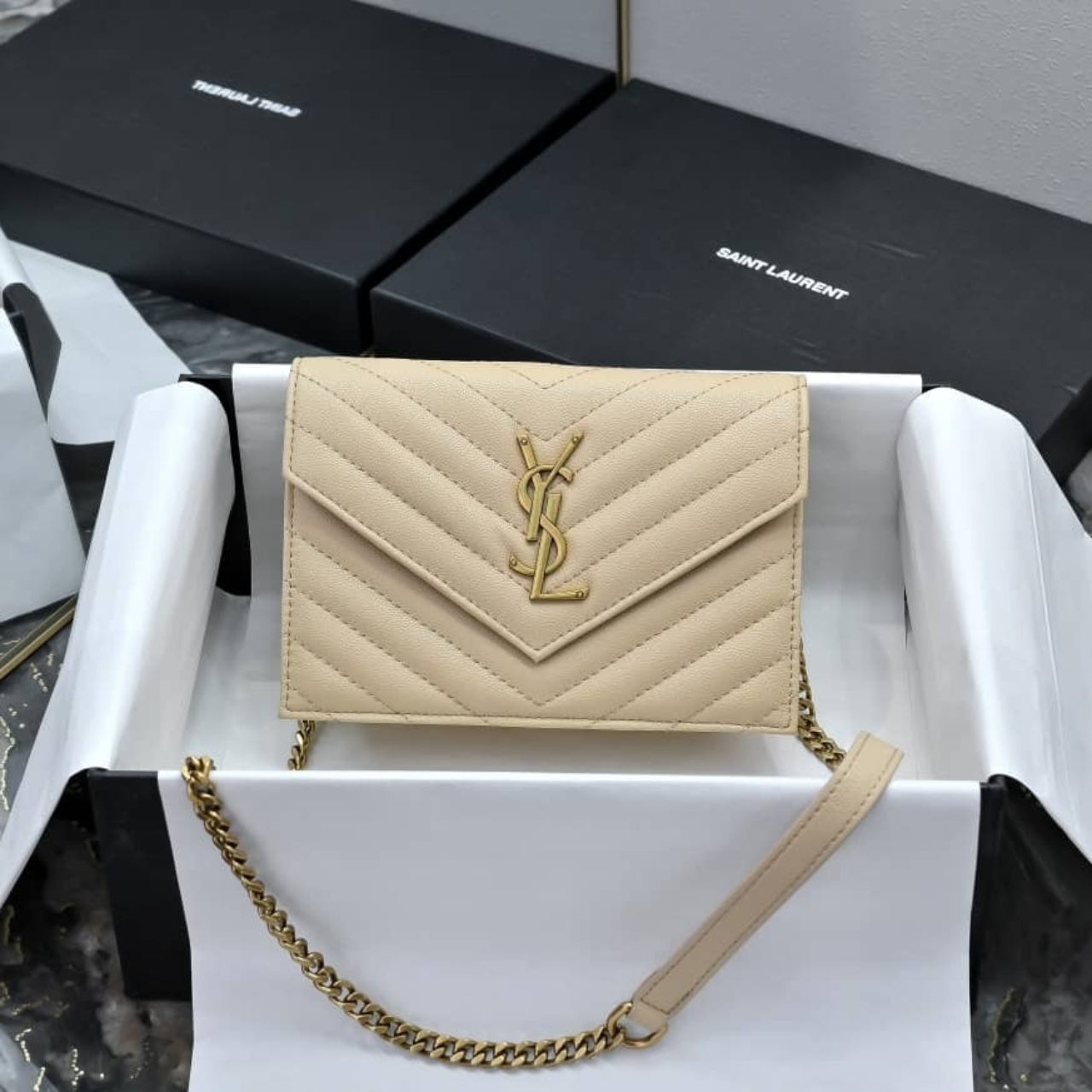 Saint Laurent Cassandre Envelope Chain Wallet Dark Beige 20cm - Image 2