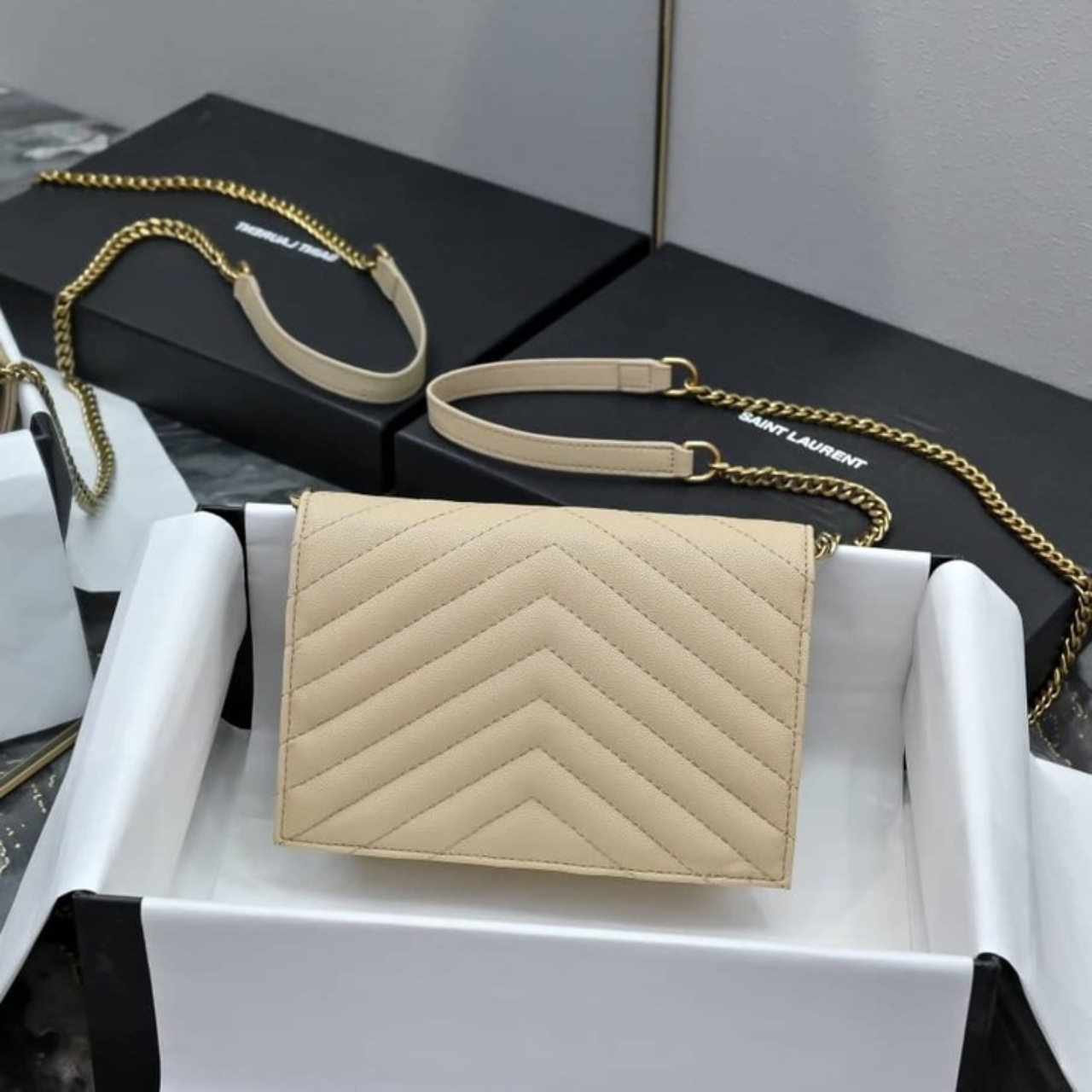 Saint Laurent Cassandre Envelope Chain Wallet Dark Beige 20cm - Image 3