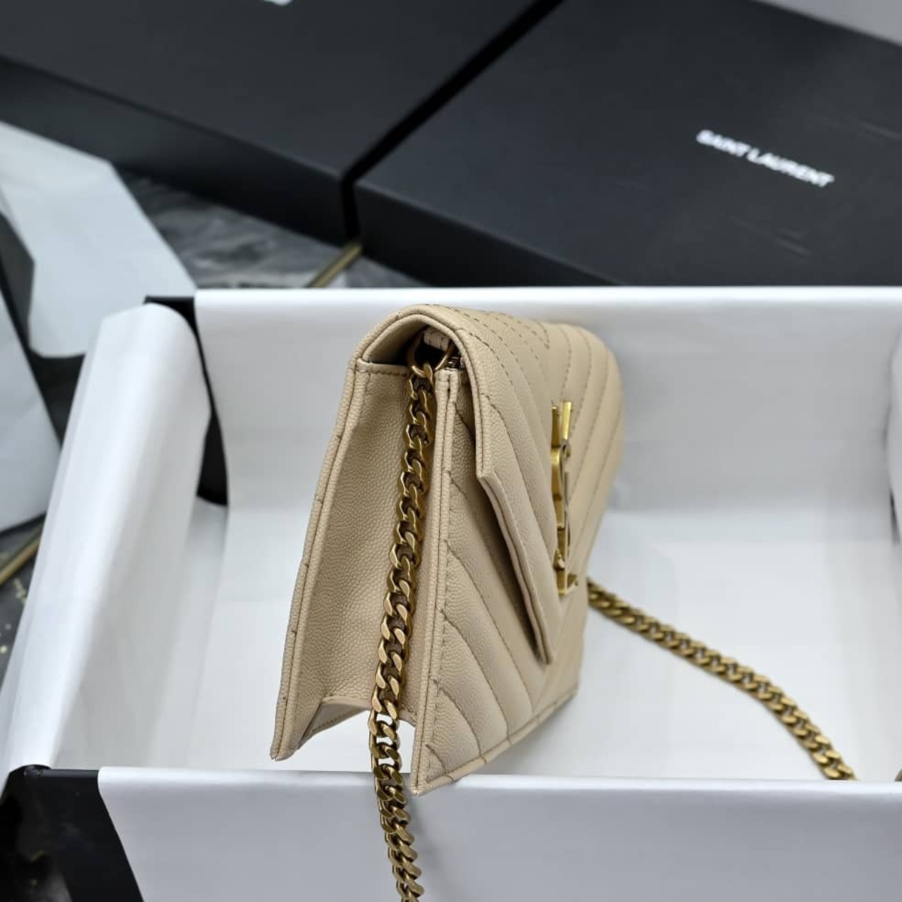 Saint Laurent Cassandre Envelope Chain Wallet Dark Beige 20cm - Image 4