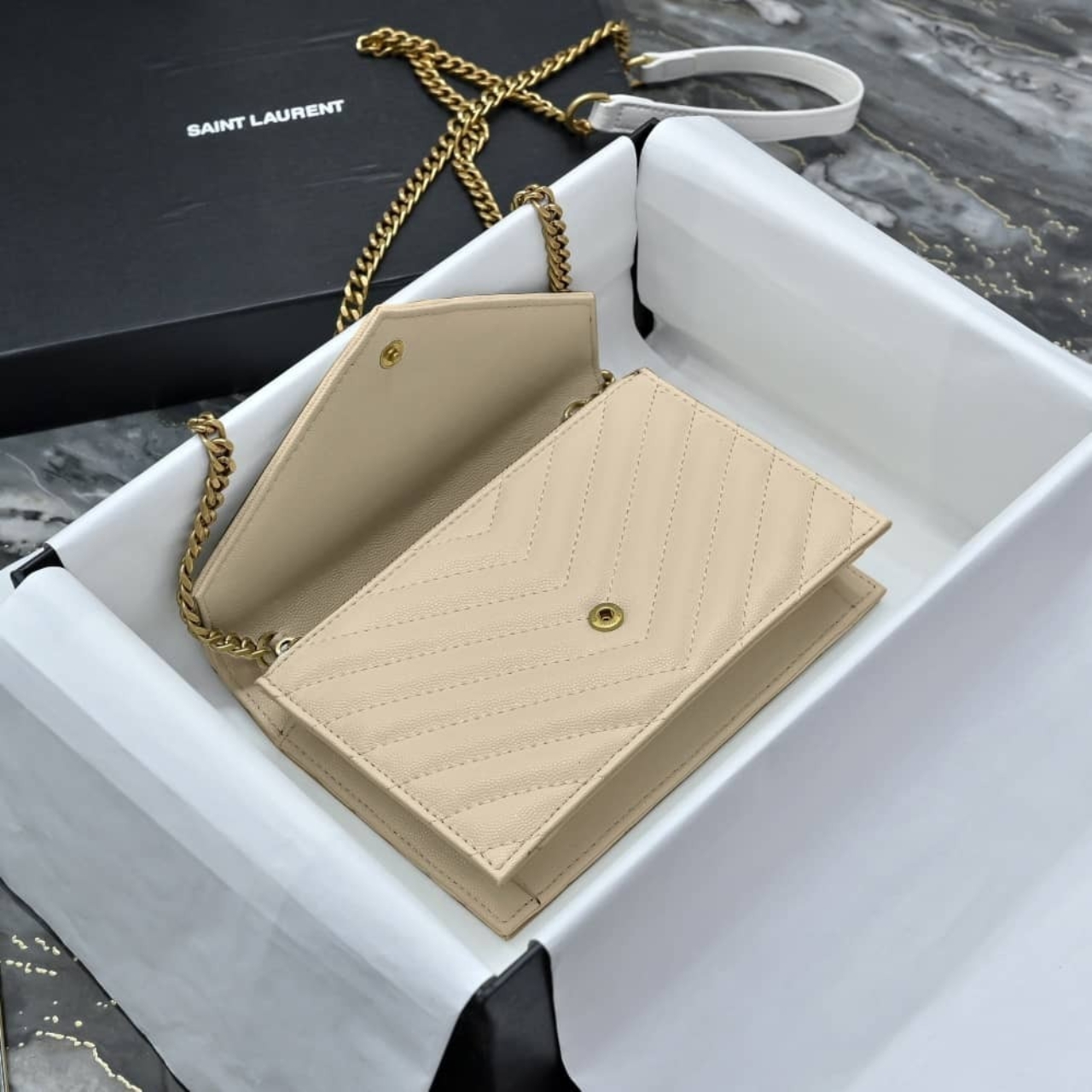 Saint Laurent Cassandre Envelope Chain Wallet Dark Beige 20cm - Image 5