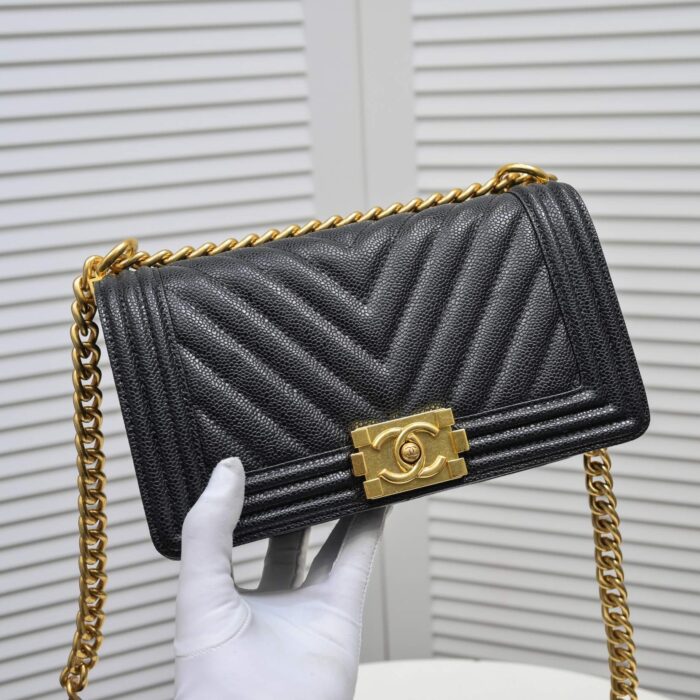 Chanel Boy Chevron Medium Handbag Black In Gold 25cm - Image 6