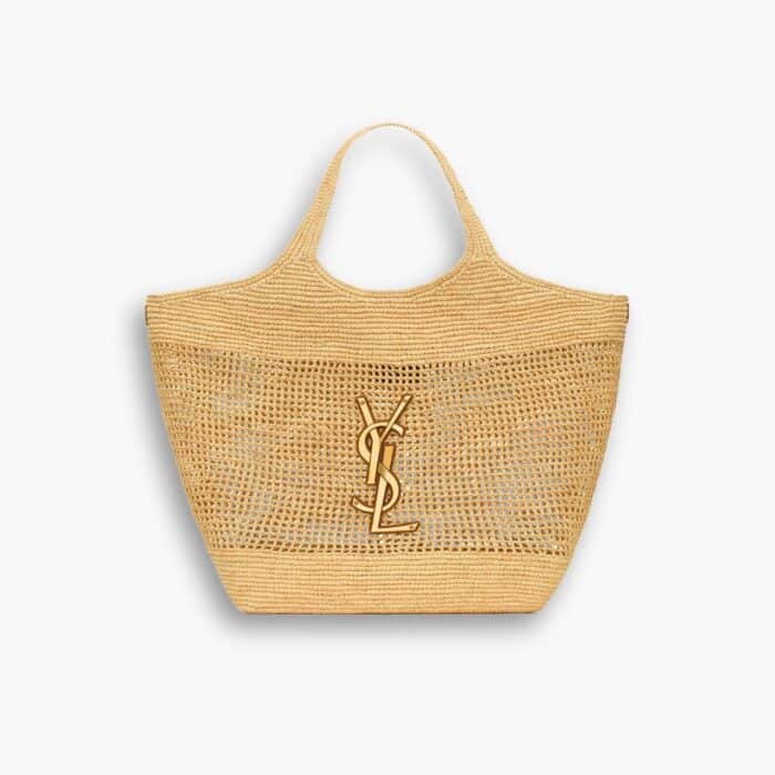 Saint Laurent Icare In Raffia Naturel And Brown Gold 36cm