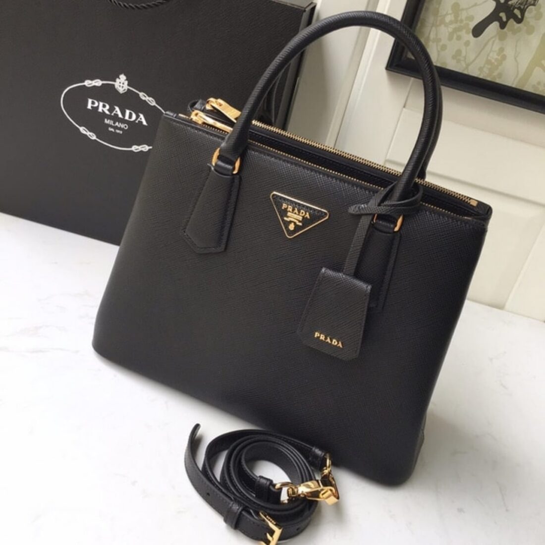 Prada Saffiano Leather Double Black 25Cm - Image 3