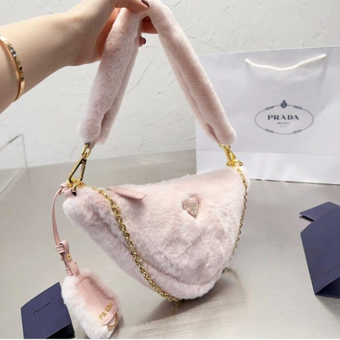 Prada Shearling Triangle Crossbody Bag Pink 18cm 1BC5432EC9F0615VZOO - Image 2
