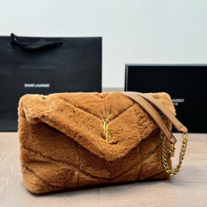 Saint Laurent Loulou Shearling Puffer Bag Brown 28cm P00589743 - Image 2