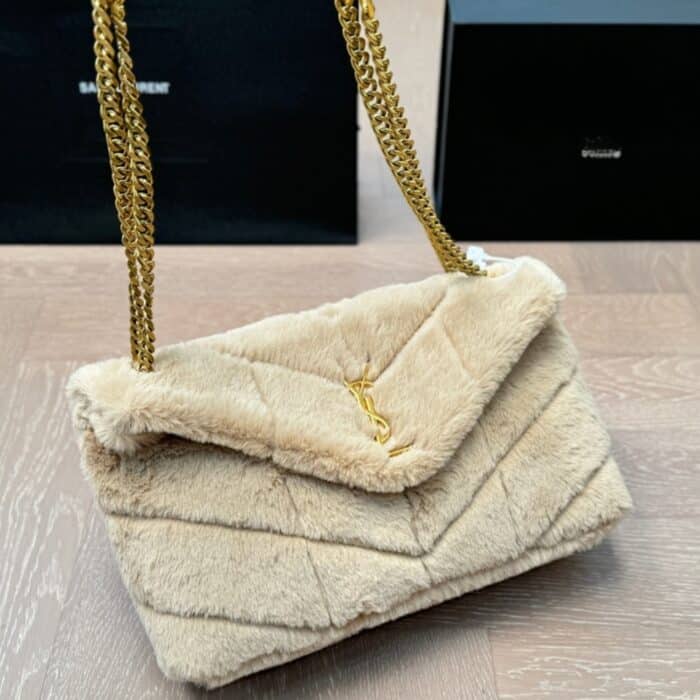 Saint Laurent Loulou Shearling Puffer Bag Beige 28cm - Image 2