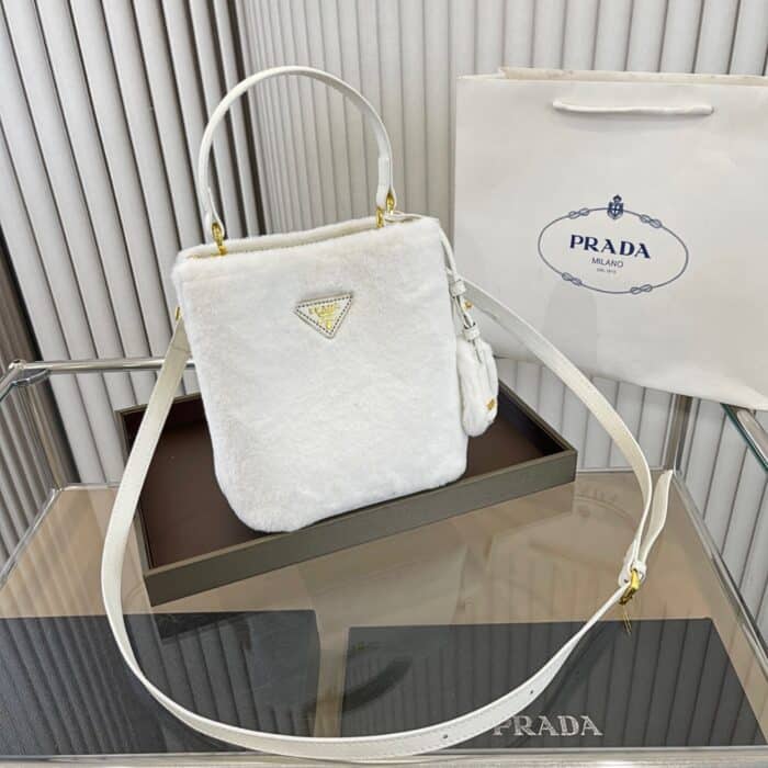 Prada Panier Shearling Bag In White 19cm 1BA373 2ECY F0009 V OOO - Image 2