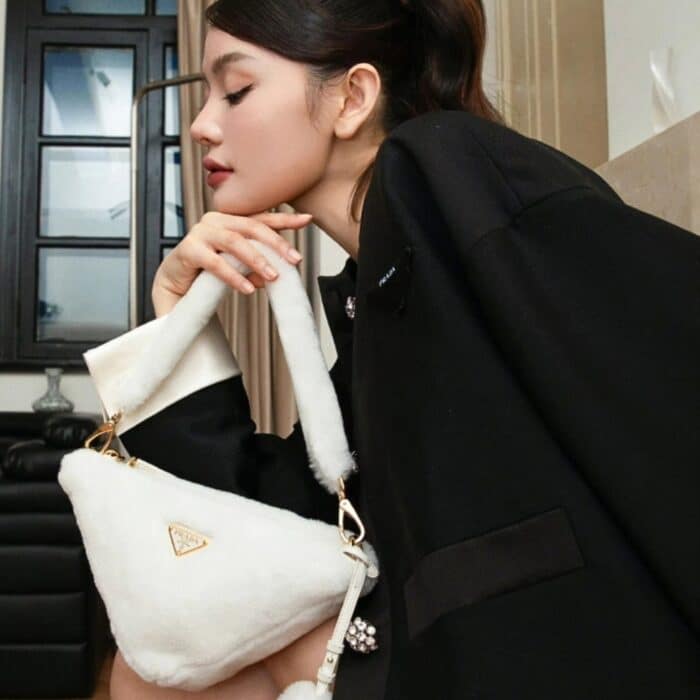 Prada Shearling Triangle Crossbody Bag White 18cm 1BC5432EC9F0009VZOO - Image 3
