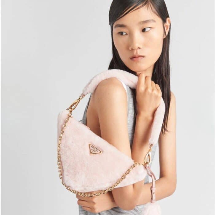 Prada Shearling Triangle Crossbody Bag Pink 18cm 1BC5432EC9F0615VZOO - Image 3