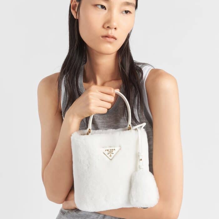 Prada Panier Shearling Bag In White 19cm 1BA373 2ECY F0009 V OOO - Image 5