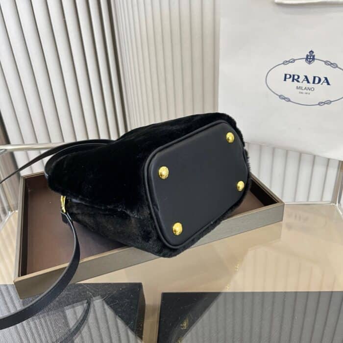 Prada Panier Shearling Bag Black 19cm 1BA373 2ECY F0009 V OOO - Image 6