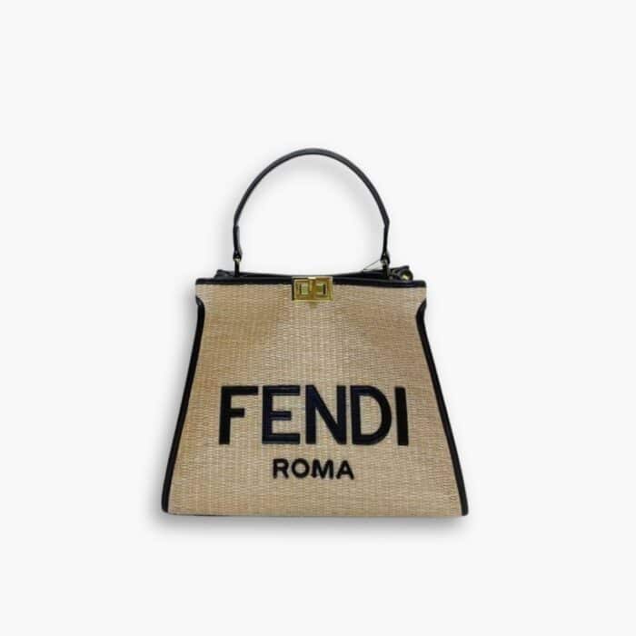 Fendi Peekaboo Raffia Tote Bag Beige Black 28cm