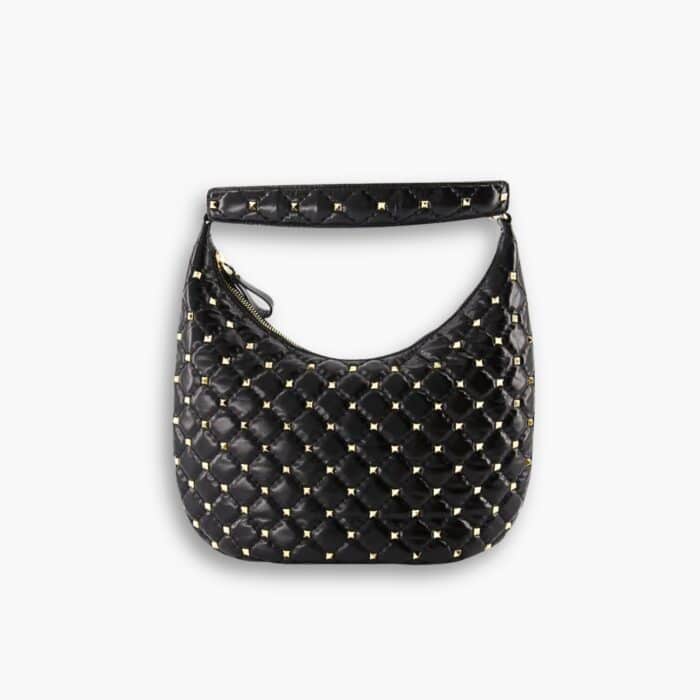 Valentino Rockstud Spike Leather Hobo Bag Black 28cm