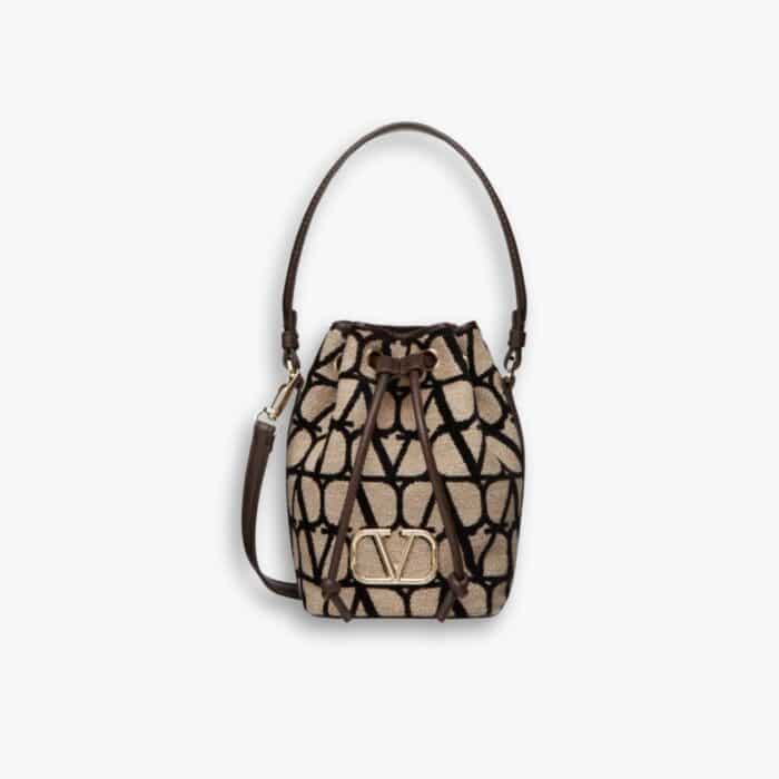 Valentino Mini Vlogo Signature Bucket Bag In Toile Iconographe Brown 22cm