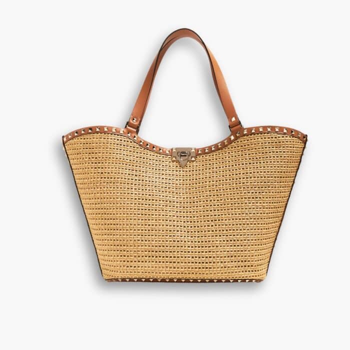 Valentino Garavani Rockstud Raffia Tote Bag Brown 31cm