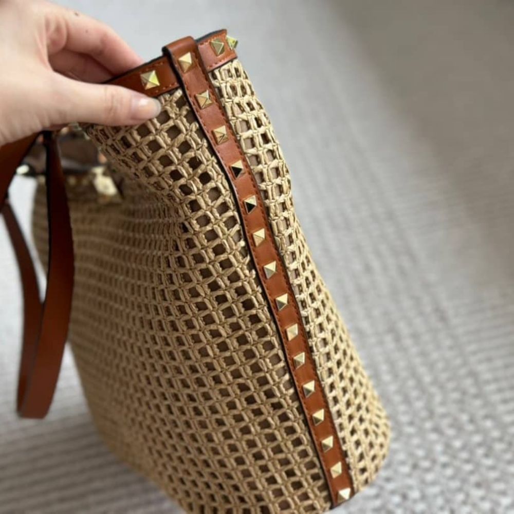 Valentino Garavani Rockstud Woven Raffia Tote Bag Natural 31cm 4W2B0N30MZI YHN - Image 8