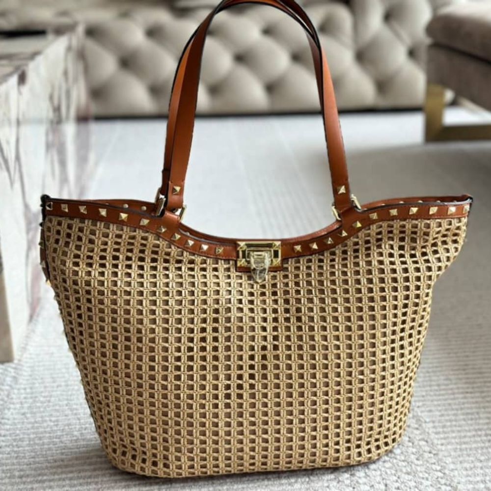 Alternative view of Valentino Garavani Rockstud Woven Raffia Tote Bag Natural 31cm 4W2B0N30MZI YHN