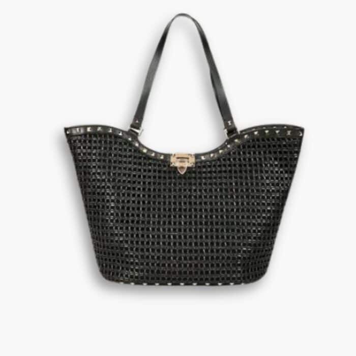 Valentino Garavani Rockstud Raffia Tote Bag Black 31cm