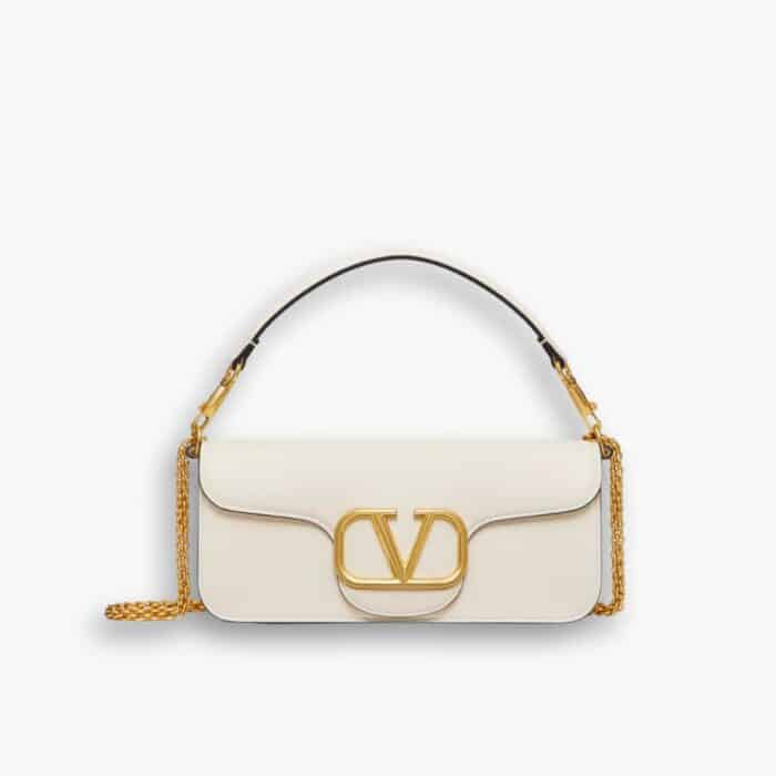 Valentino Garavani Locò Leather Shoulder Bag White 28cm