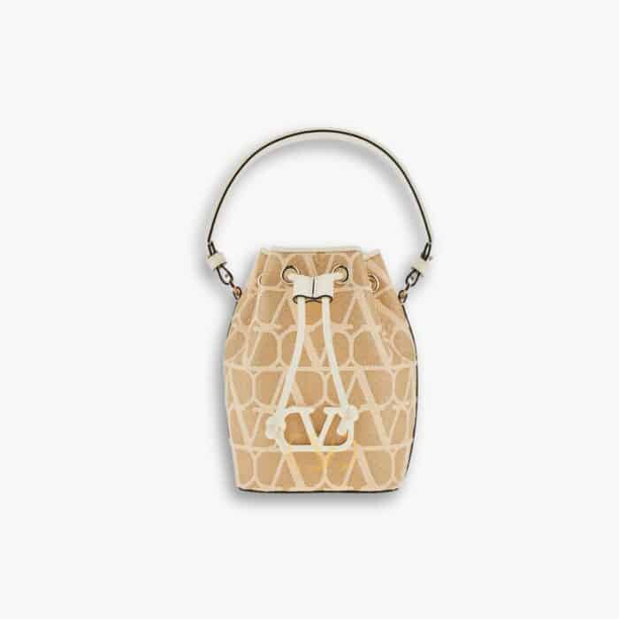 Valentino Mini Vlogo Signature Bucket Bag In Toile Iconographe Beige 22cm