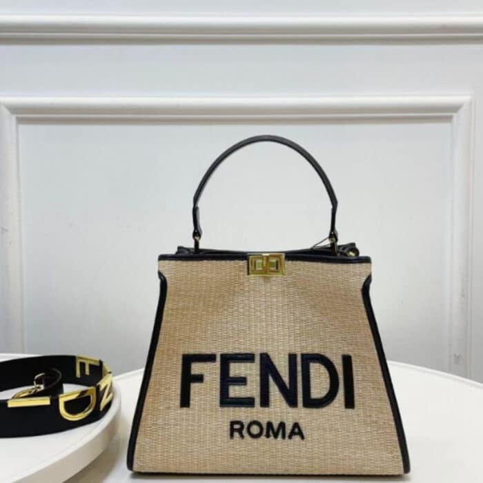 Fendi Peekaboo Raffia Tote Bag Beige Black 28cm - Image 2