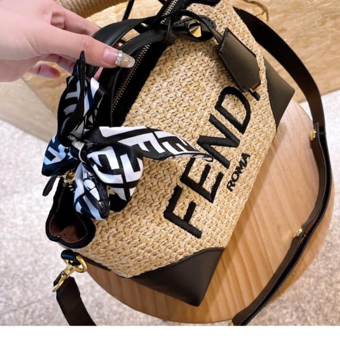 Fendi By The Way Straw Bag Beige And Black 25cm 8BL146AF2XF1E1I - Image 5