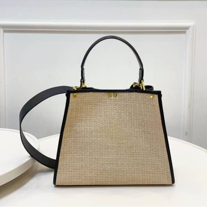 Fendi Peekaboo Raffia Tote Bag Beige Black 28cm - Image 3