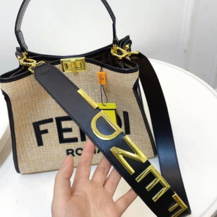 Fendi Peekaboo Raffia Tote Bag Beige Black 28cm - Image 5