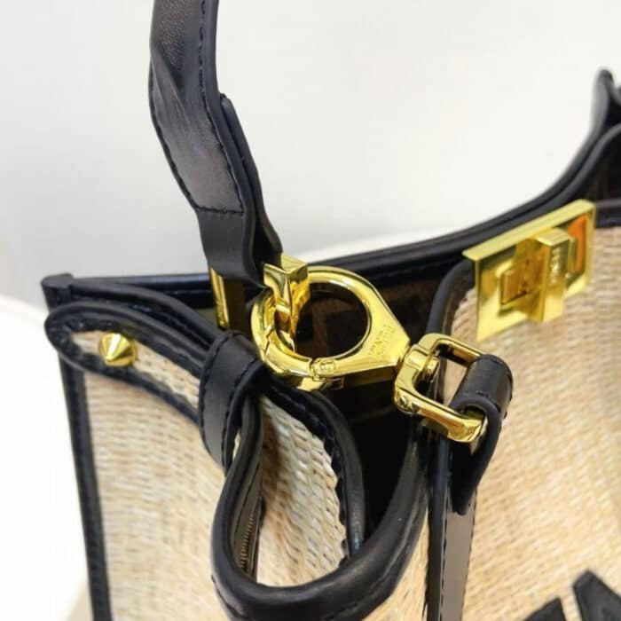 Fendi Peekaboo Raffia Tote Bag Beige Black 28cm - Image 7