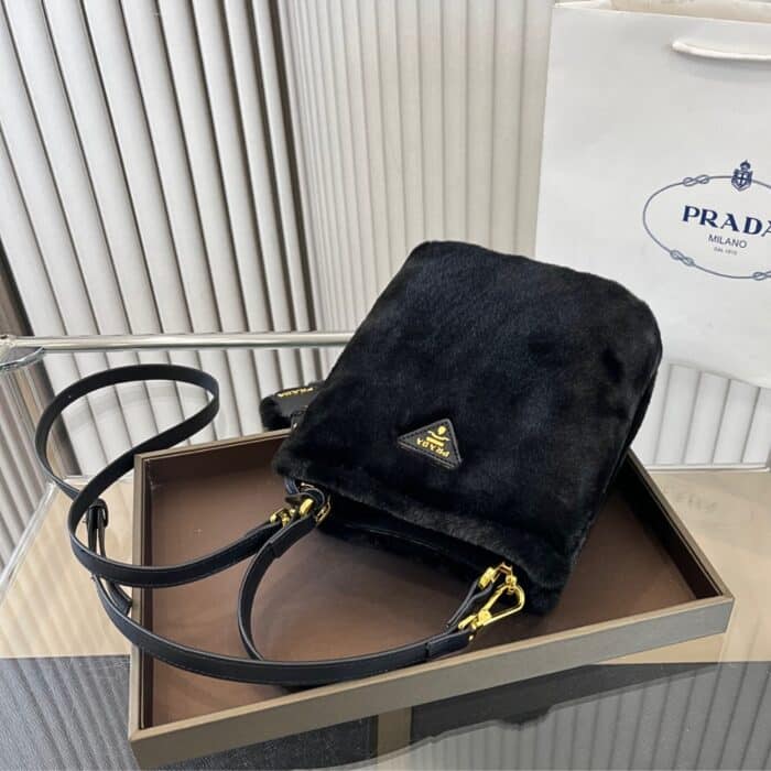 Prada Panier Shearling Bag Black 19cm 1BA373 2ECY F0009 V OOO - Image 7