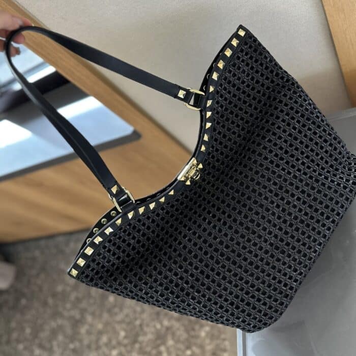 Valentino Garavani Rockstud Raffia Tote Bag Black 31cm - Image 2