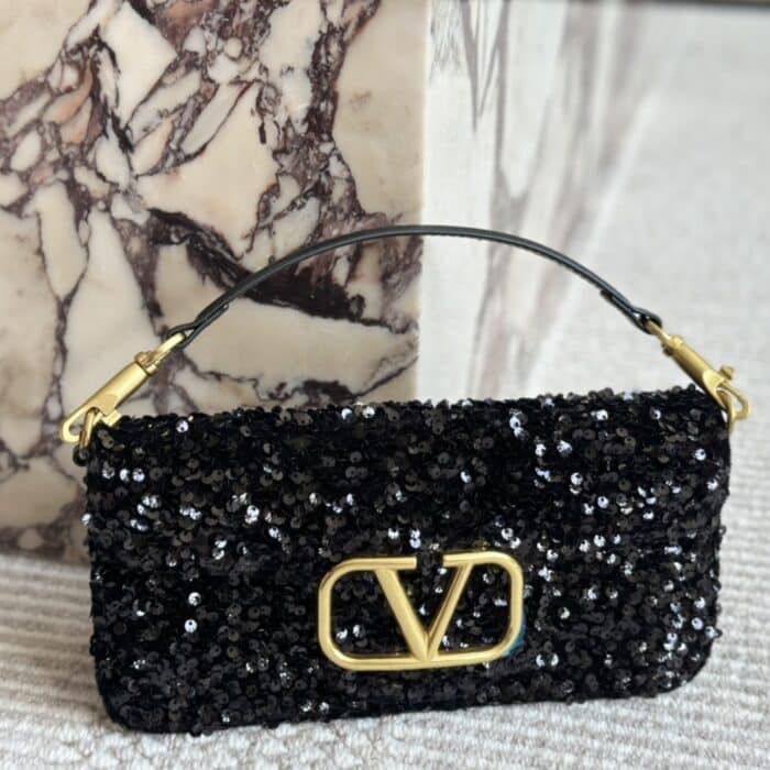 Valentino Loco Medium Vlogo Sequins Shoulder Bag Black 26cm - Image 3