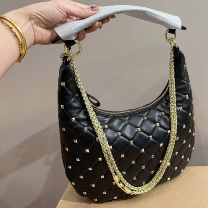 Valentino Rockstud Spike Leather Hobo Bag Black 28cm - Image 2