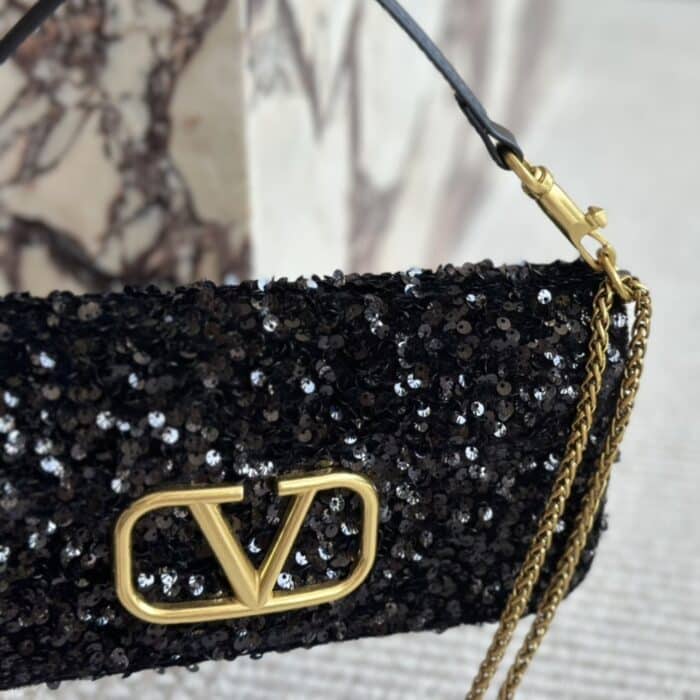 Valentino Loco Medium Vlogo Sequins Shoulder Bag Black 26cm - Image 5
