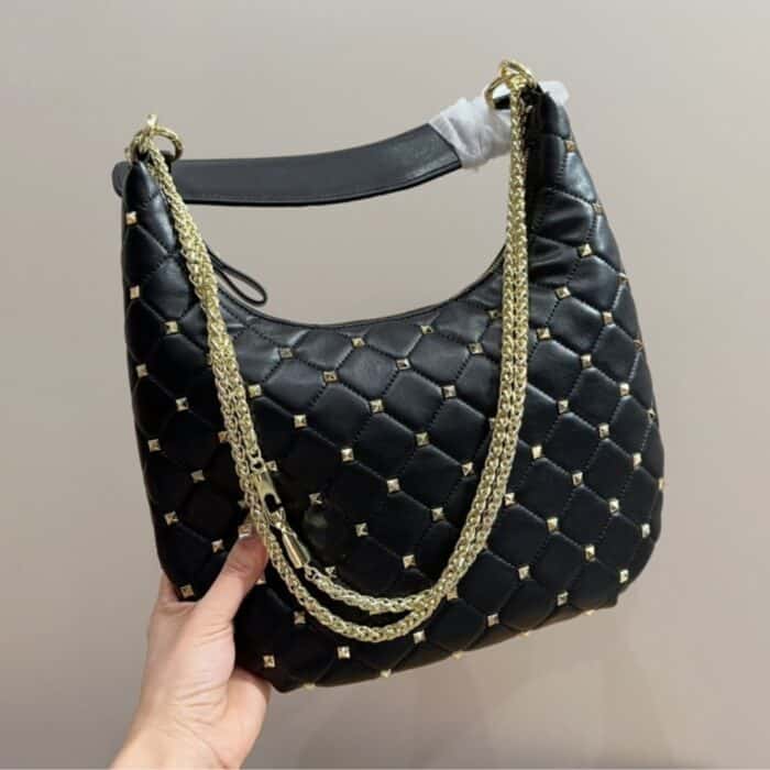 Valentino Rockstud Spike Leather Hobo Bag Black 28cm - Image 4