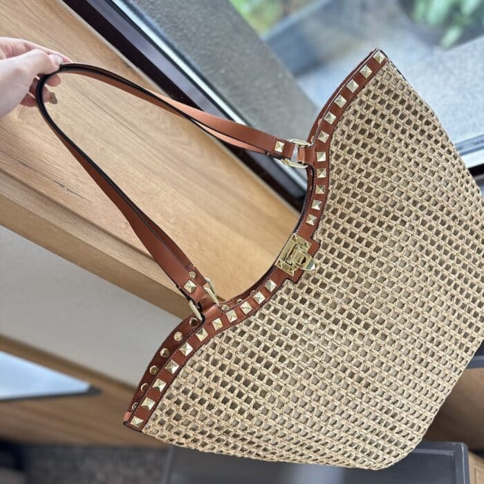 Valentino Garavani Rockstud Raffia Tote Bag Brown 31cm - Image 6
