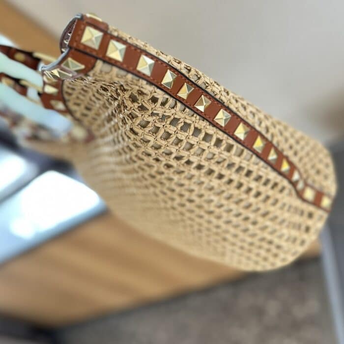 Valentino Garavani Rockstud Raffia Tote Bag Brown 31cm - Image 7