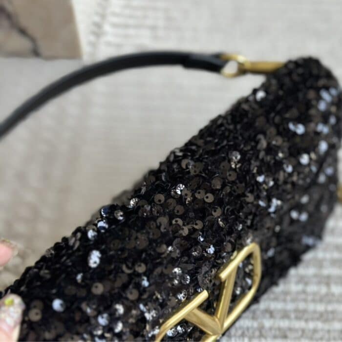 Valentino Loco Medium Vlogo Sequins Shoulder Bag Black 26cm - Image 9