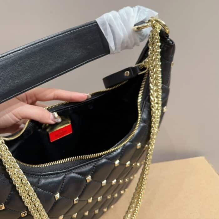 Valentino Rockstud Spike Leather Hobo Bag Black 28cm - Image 8