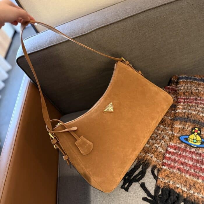 Prada Aimée Suede Shoulder Bag Cinnamon 39cm - Image 3