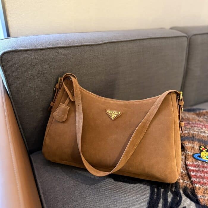 Prada Aimée Suede Shoulder Bag Cinnamon 39cm - Image 4