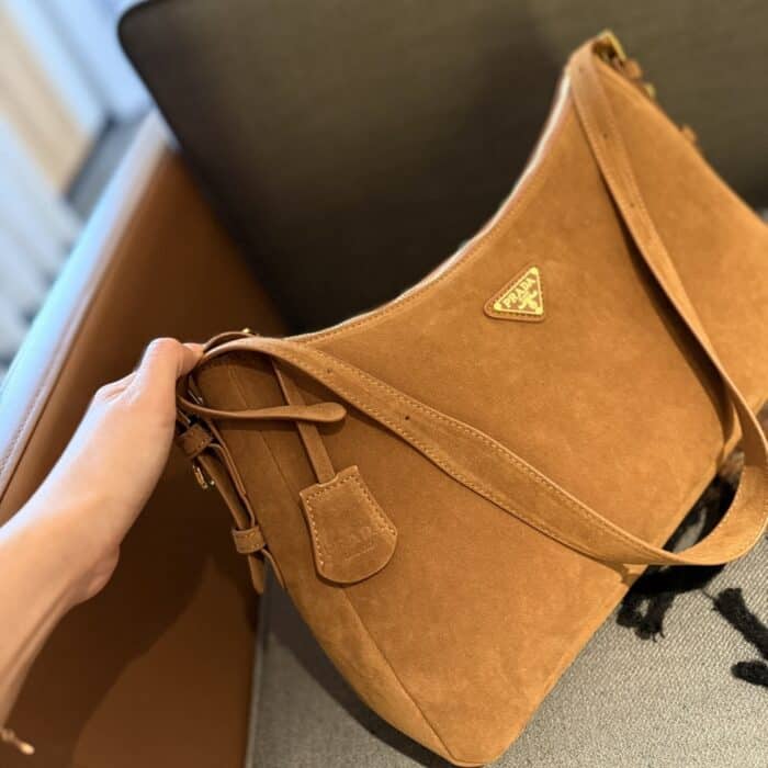 Prada Aimée Suede Shoulder Bag Cinnamon 39cm - Image 6