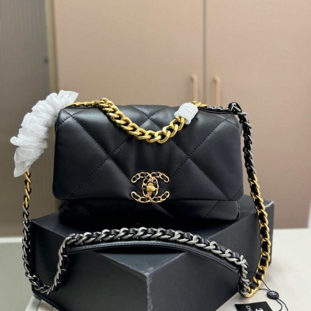 Alternative view of Chanel 19 Handbag Shiny Gold And Silver Tone Metal Black 26cm AS1160 B04852 94305