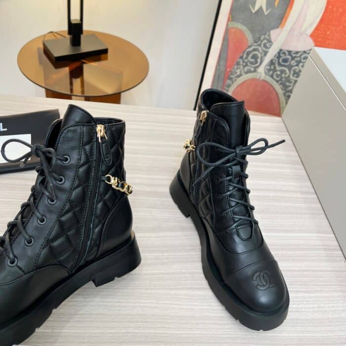 Chanel Quilted Leather Lace Up Combat Boots Black - Image 2