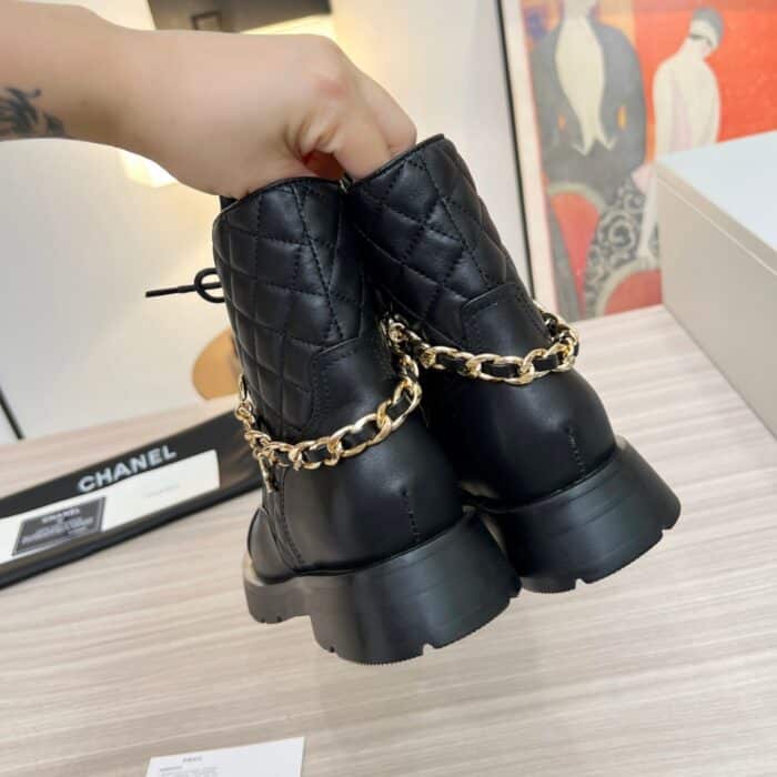 Chanel Quilted Leather Lace Up Combat Boots Black - Image 3