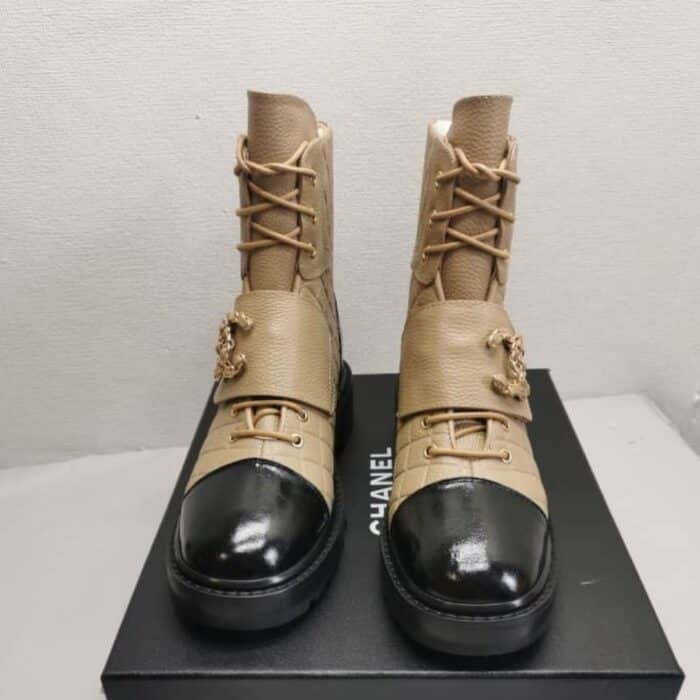 Chanel Fall Winter Lace Up Boots Beige Black G39516 Y56261 K5119 - Image 6