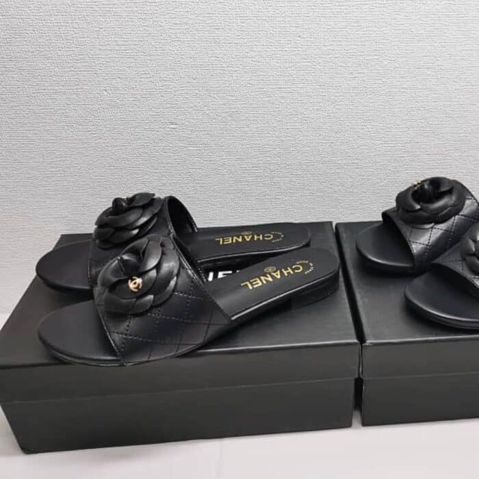 Chanel Camellia Leather Slides Black - Image 2