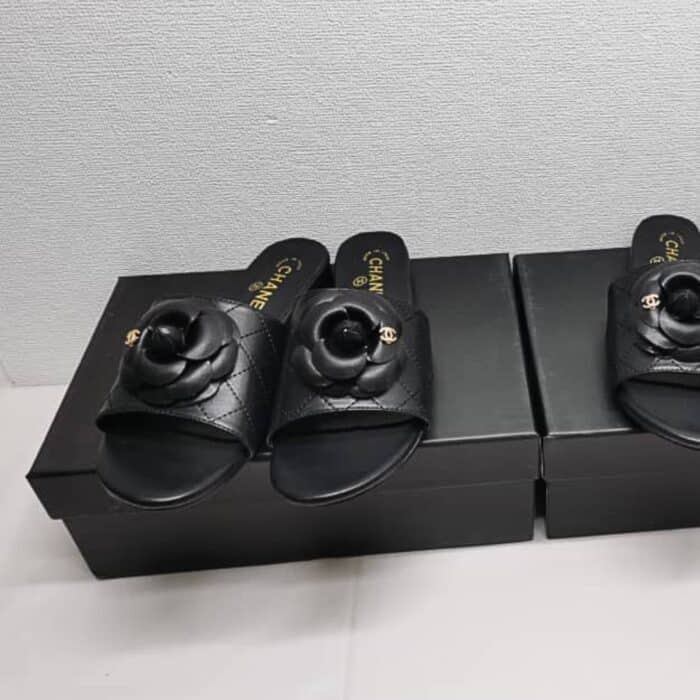 Chanel Camellia Leather Slides Black - Image 3