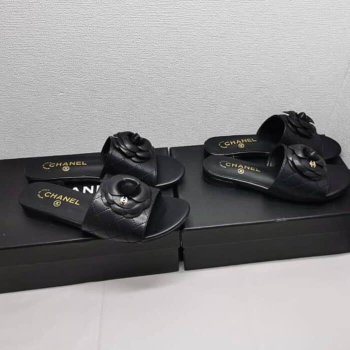 Chanel Camellia Leather Slides Black - Image 4