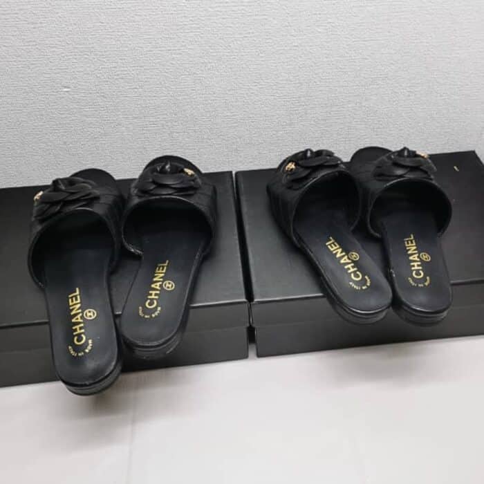 Chanel Camellia Leather Slides Black - Image 5